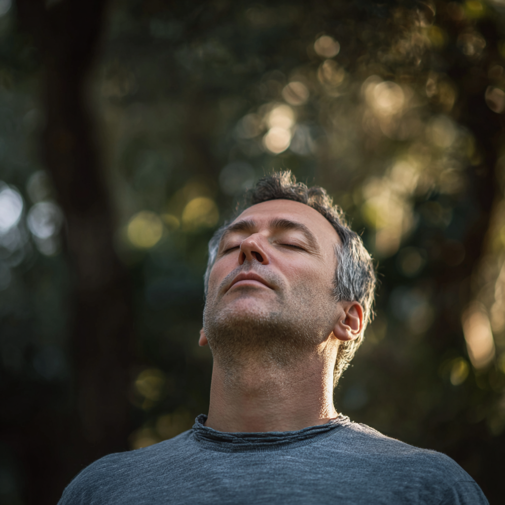 Smiling Hungarian woman in her 30s practicing gentle yoga poses in a bright, naturally lit room with wooden floors