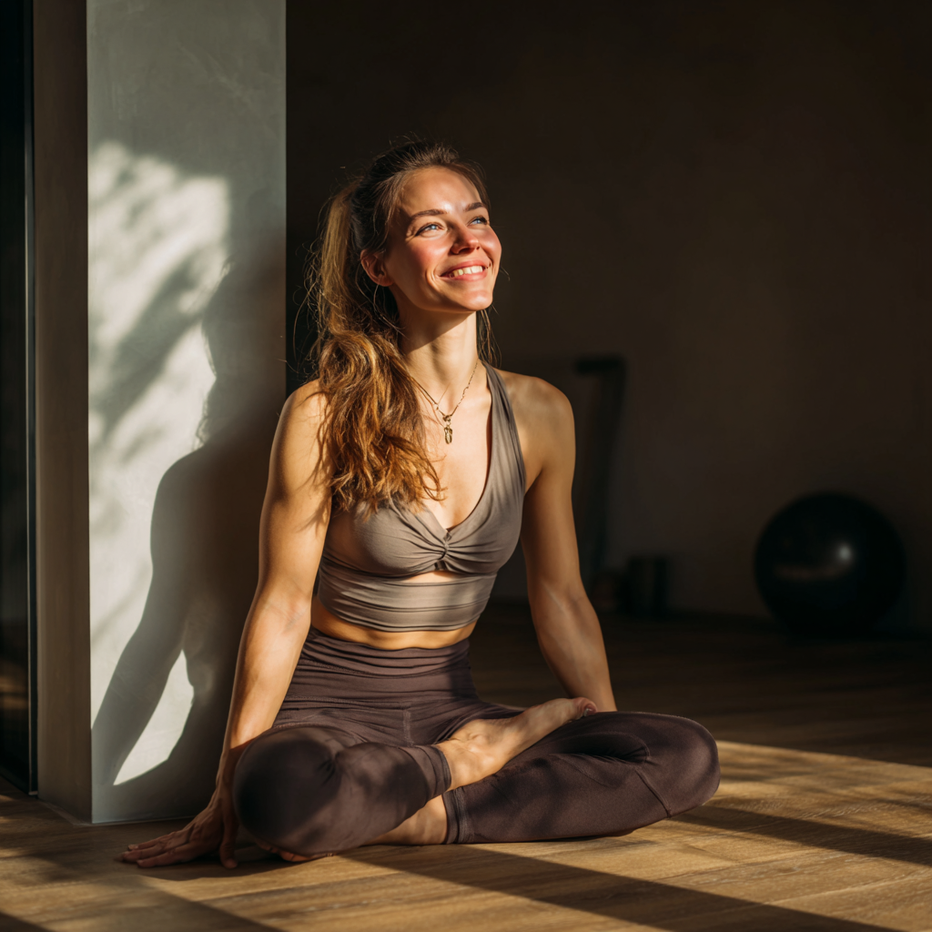 Hungarian woman in her late 20s doing gentle stretching exercises at her office desk, with a bright office environment and plants in the background